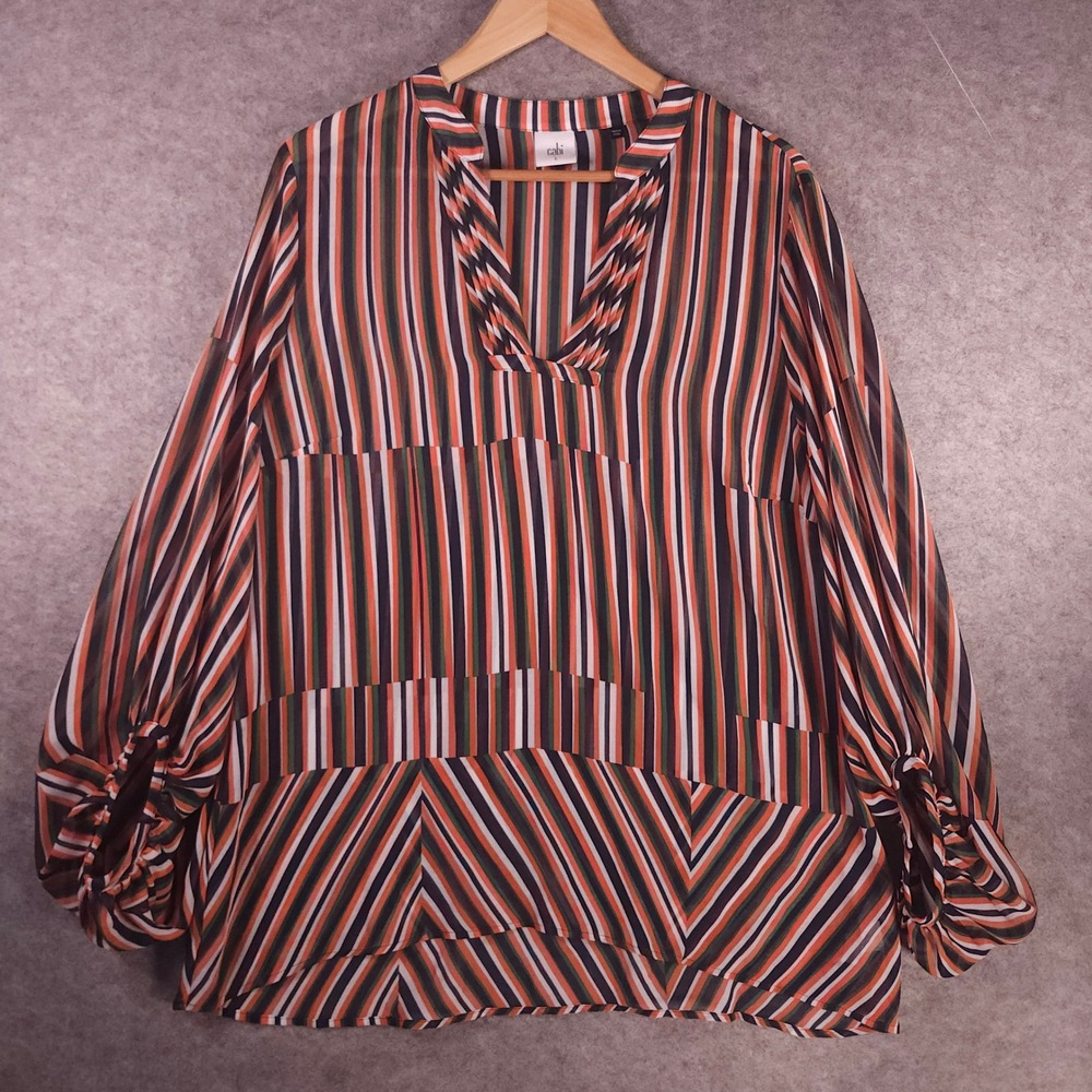 Cabi Striped V Neck Sheer Tunic Blouse Top‎ Women L Balloon Sleeve Orange Black